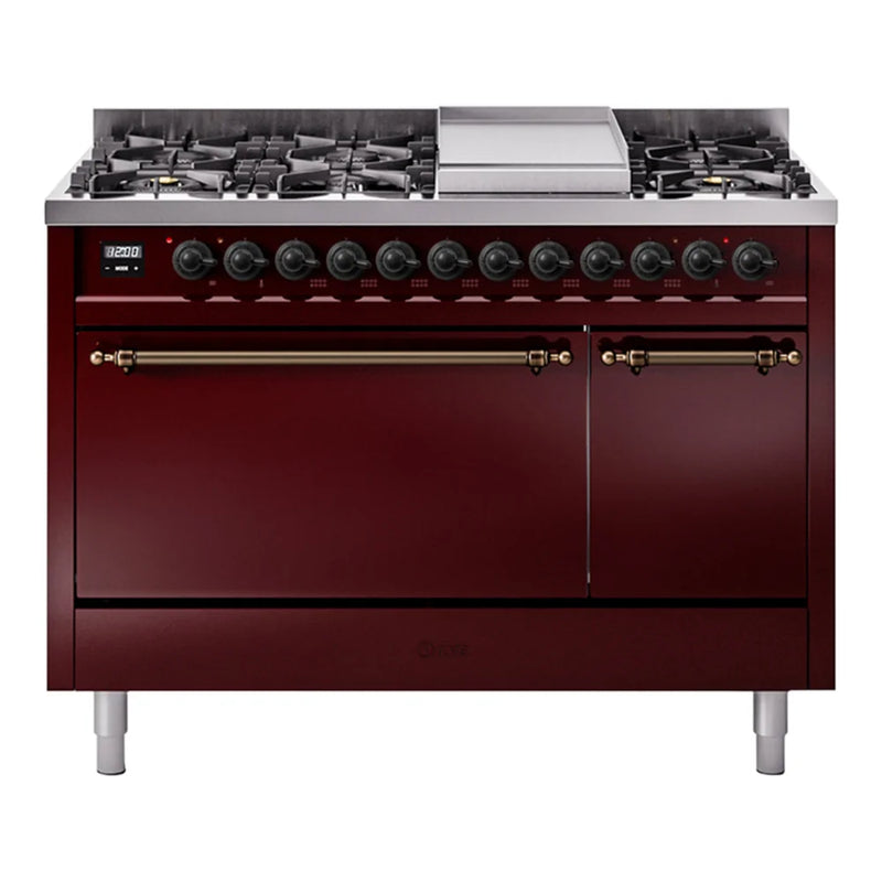 ILVE Nostalgie II 48" Dual Fuel Freestanding Range in Burgundy with Burnished Trim, UP48FQNMPBUBLP