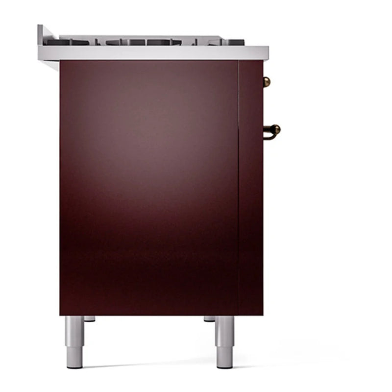 ILVE Nostalgie II 48" Dual Fuel Freestanding Range in Burgundy with Burnished Trim, UP48FQNMPBUBLP
