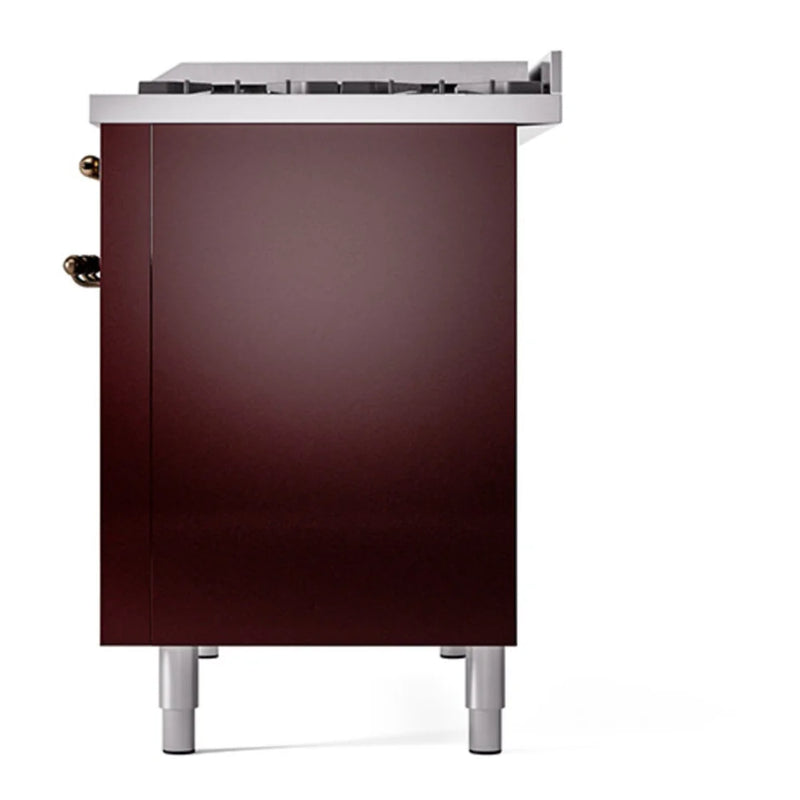 ILVE Nostalgie II 48" Dual Fuel Freestanding Range in Burgundy with Burnished Trim, UP48FQNMPBUBLP
