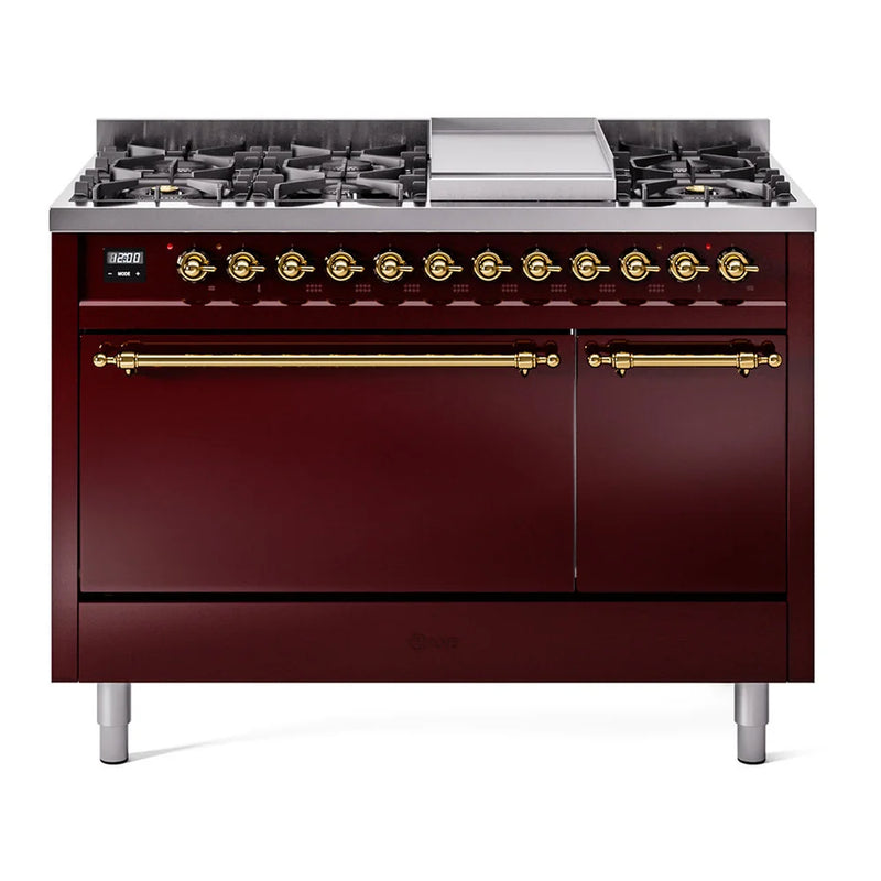 ILVE Nostalgie II 48" Dual Fuel Freestanding Range in Burgundy with Brass Trim, UP48FQNMPBUG