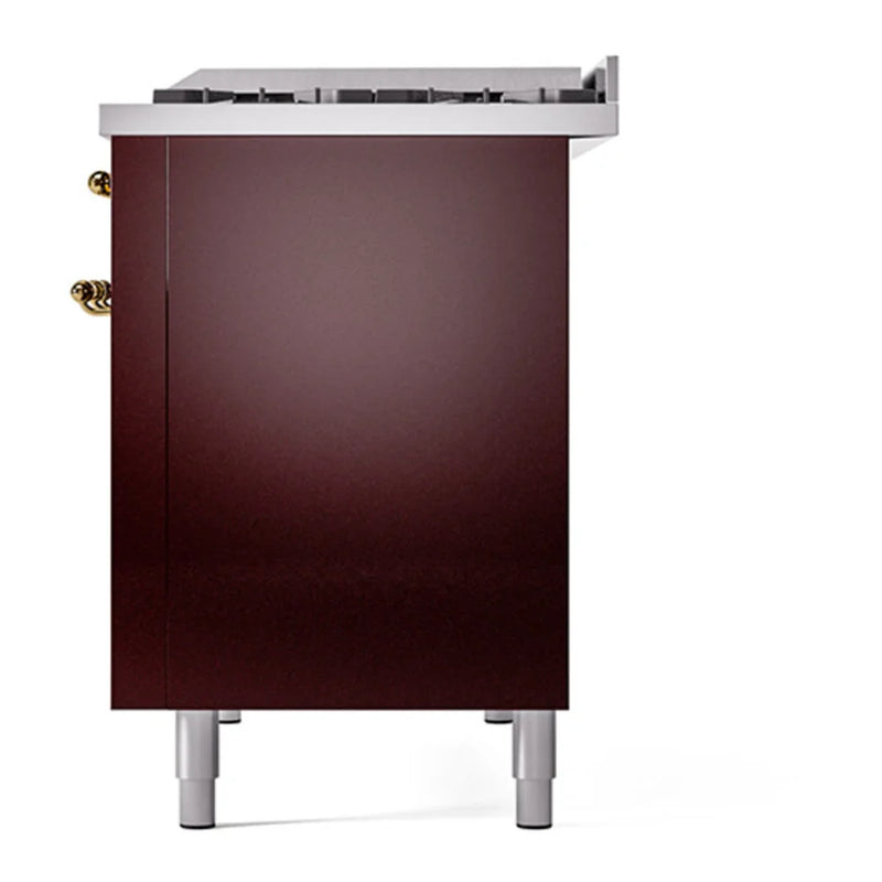 ILVE Nostalgie II 48" Dual Fuel Freestanding Range in Burgundy with Brass Trim, UP48FQNMPBUG