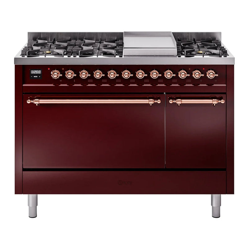 ILVE Nostalgie II 48" Dual Fuel Freestanding Range in Burgundy with Copper Trim, UP48FQNMPBUPLP