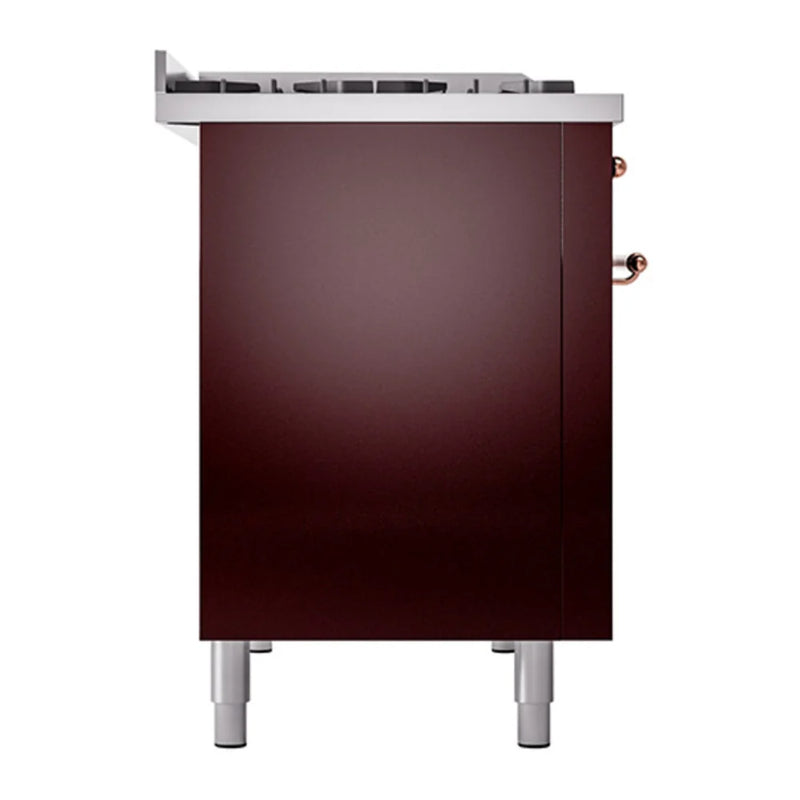 ILVE Nostalgie II 48" Dual Fuel Freestanding Range in Burgundy with Copper Trim, UP48FQNMPBUP