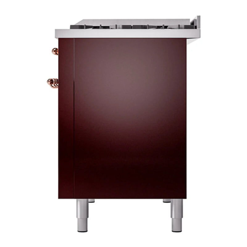 ILVE Nostalgie II 48" Dual Fuel Freestanding Range in Burgundy with Copper Trim, UP48FQNMPBUP
