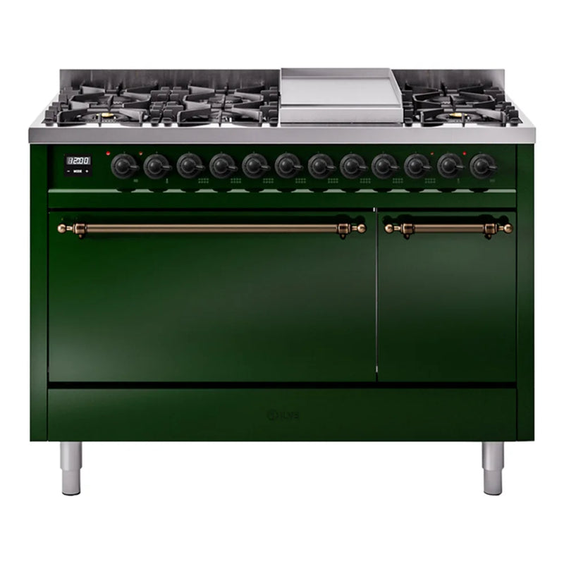 ILVE Nostalgie II 48" Dual Fuel Freestanding Range in Emerald Green with Burnished Trim, UP48FQNMPEGBLP