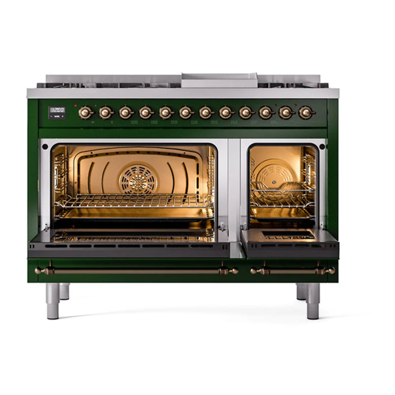 ILVE Nostalgie II 48" Dual Fuel Freestanding Range in Emerald Green with Burnished Trim, UP48FQNMPEGB