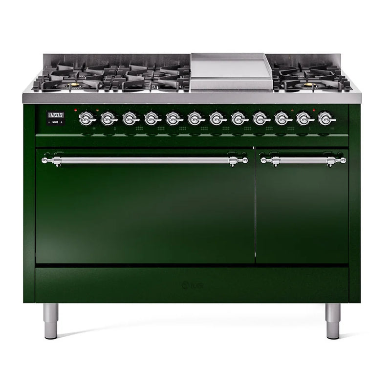 ILVE Nostalgie II 48" Dual Fuel Freestanding Range in Emerald Green with Chrome Trim, UP48FQNMPEGCLP