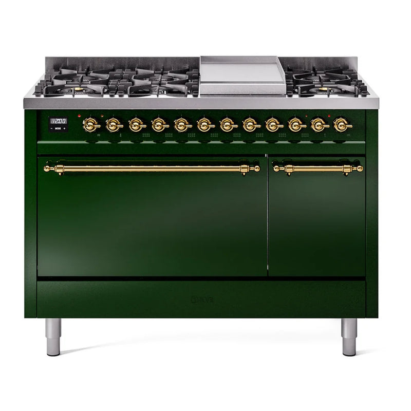 ILVE Nostalgie II 48" Dual Fuel Freestanding Range in Emerald Green with Brass Trim, UP48FQNMPEGGLP