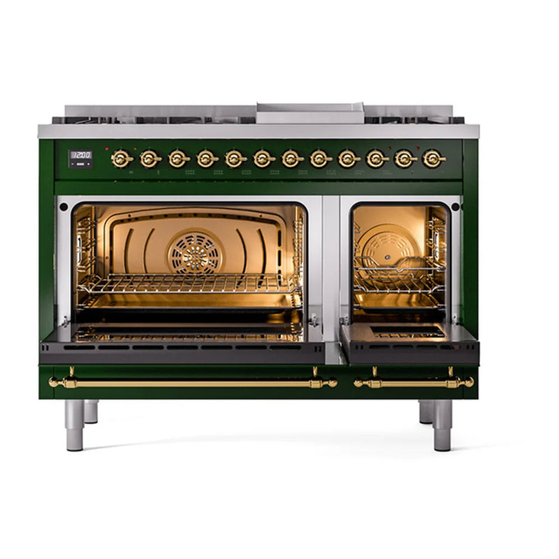 ILVE Nostalgie II 48" Dual Fuel Freestanding Range in Emerald Green with Brass Trim, UP48FQNMPEGGLP