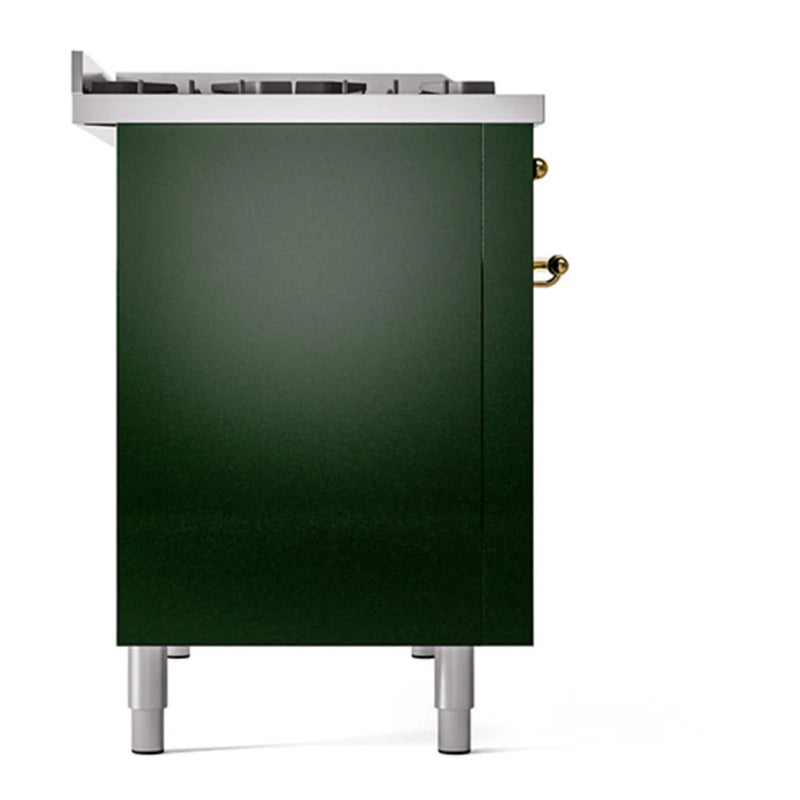 ILVE Nostalgie II 48" Dual Fuel Freestanding Range in Emerald Green with Brass Trim, UP48FQNMPEGGLP