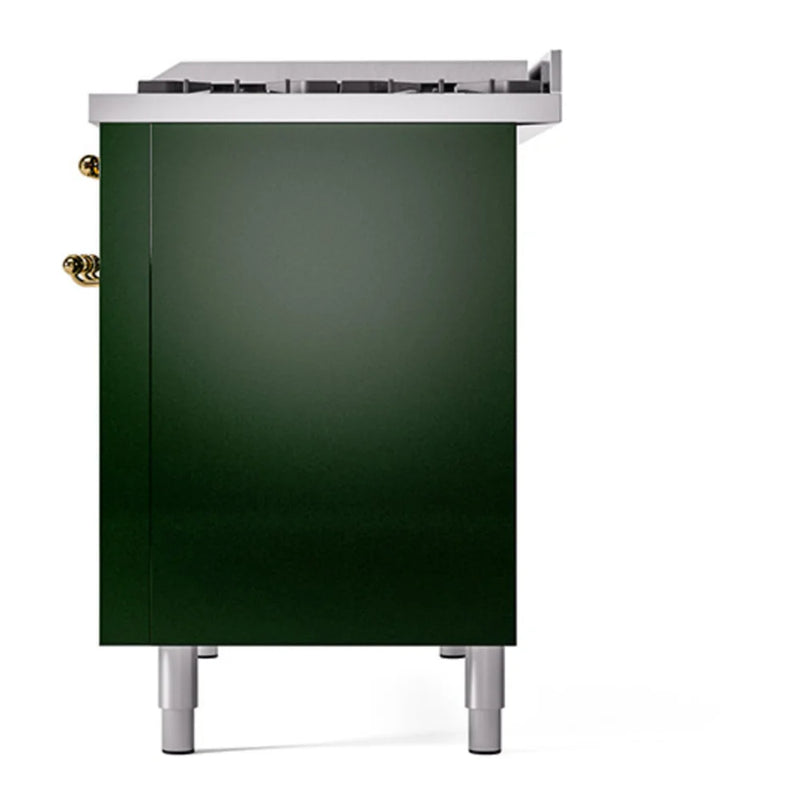 ILVE Nostalgie II 48" Dual Fuel Freestanding Range in Emerald Green with Brass Trim, UP48FQNMPEGGLP