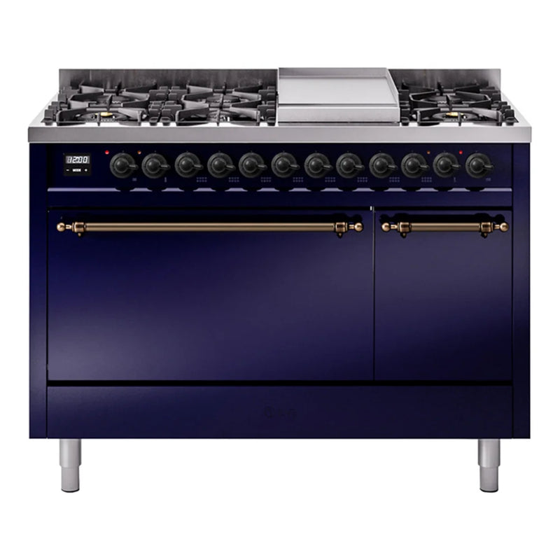 ILVE Nostalgie II 48" Dual Fuel Freestanding Range in Midnight Blue with Burnished Trim, UP48FQNMPMBB