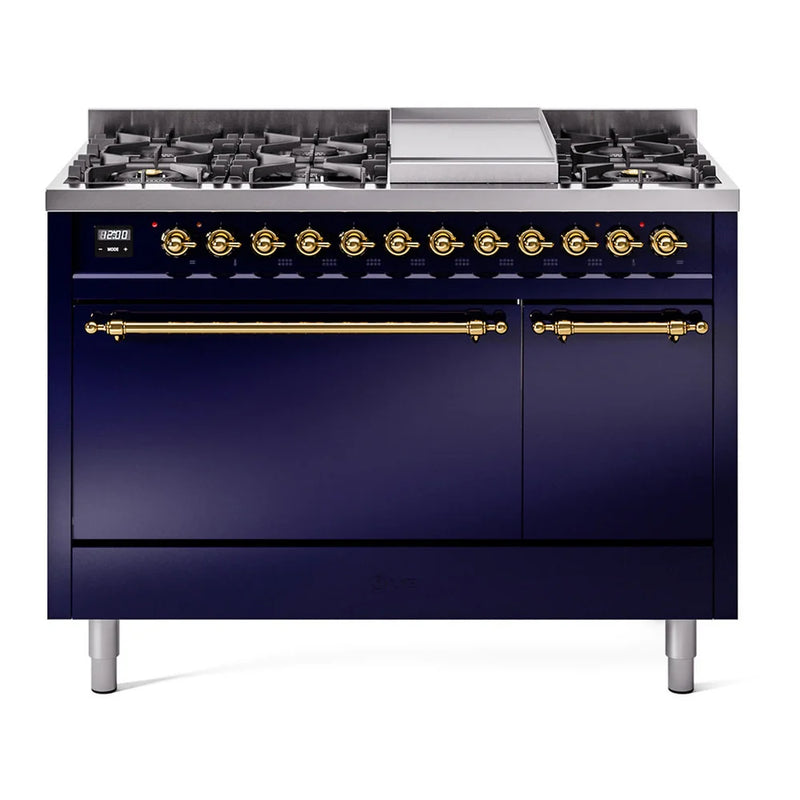 ILVE Nostalgie II 48" Dual Fuel Freestanding Range in Midnight Blue with Brass Trim, UP48FQNMPMBG