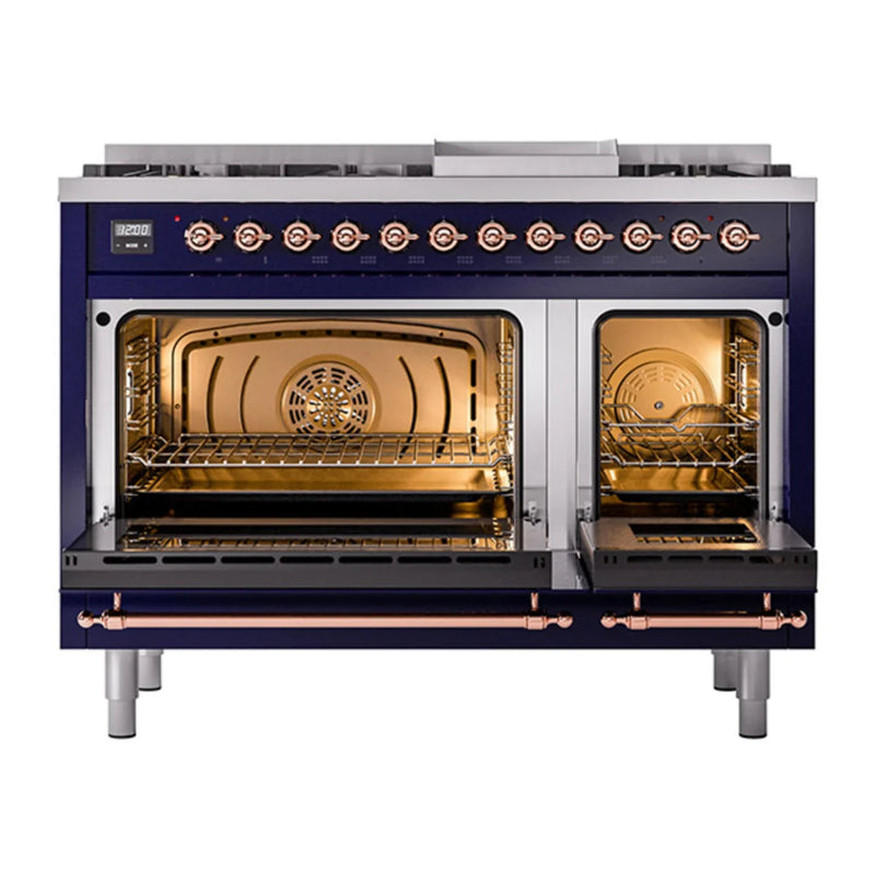 ILVE Nostalgie II 48" Dual Fuel Freestanding Range in Midnight Blue with Copper Trim, UP48FQNMPMBPLP