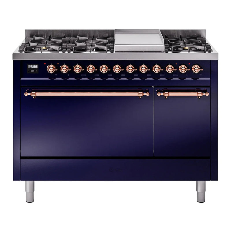 ILVE Nostalgie II 48" Dual Fuel Freestanding Range in Midnight Blue with Copper Trim, UP48FQNMPMBP