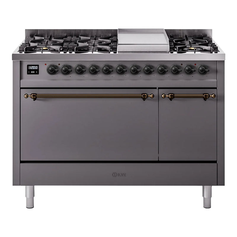 ILVE Nostalgie II 48" Dual Fuel Freestanding Range in Graphite Matte with Burnished Trim, UP48FQNMPMGBLP