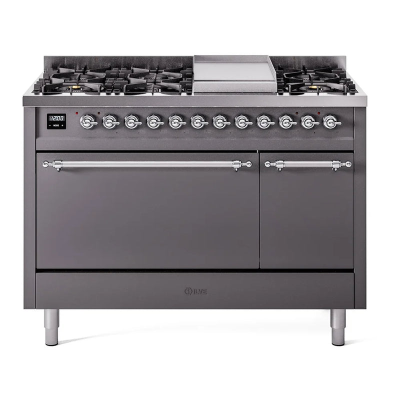 ILVE Nostalgie II 48" Dual Fuel Freestanding Range in Graphite Matte with Chrome Trim, UP48FQNMPMGCLP