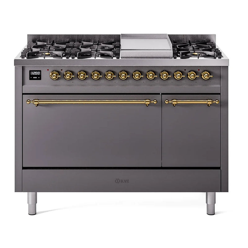 ILVE Nostalgie II 48" Dual Fuel Freestanding Range in Graphite Matte with Brass Trim, UP48FQNMPMGGLP
