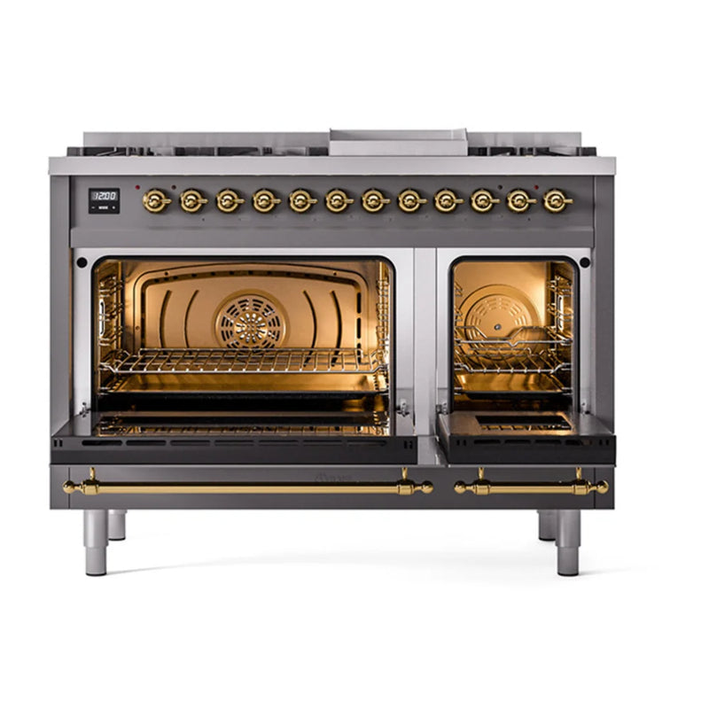 ILVE Nostalgie II 48" Dual Fuel Freestanding Range in Graphite Matte with Brass Trim, UP48FQNMPMGG
