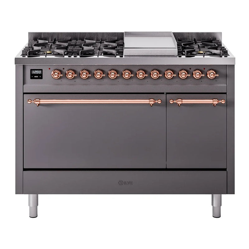 ILVE Nostalgie II 48" Dual Fuel Freestanding Range in Graphite Matte with Copper Trim, UP48FQNMPMGPLP
