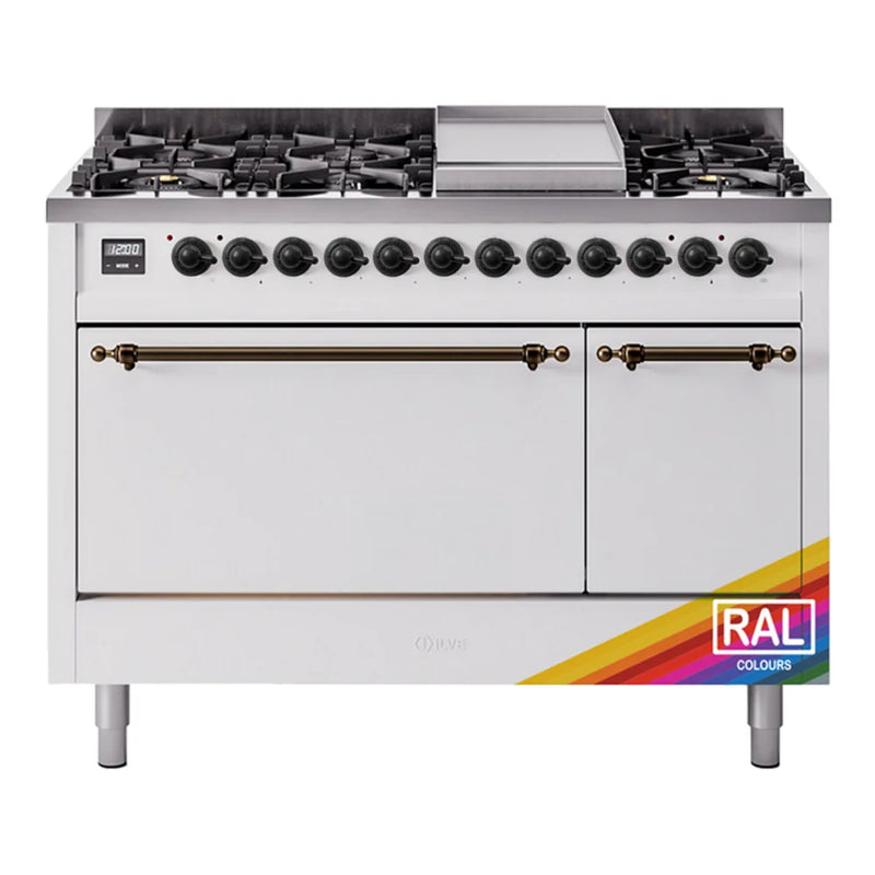 ILVE Nostalgie II 48" Dual Fuel Freestanding Range in RAL Color with Burnished Trim, UP48FQNMPRAB