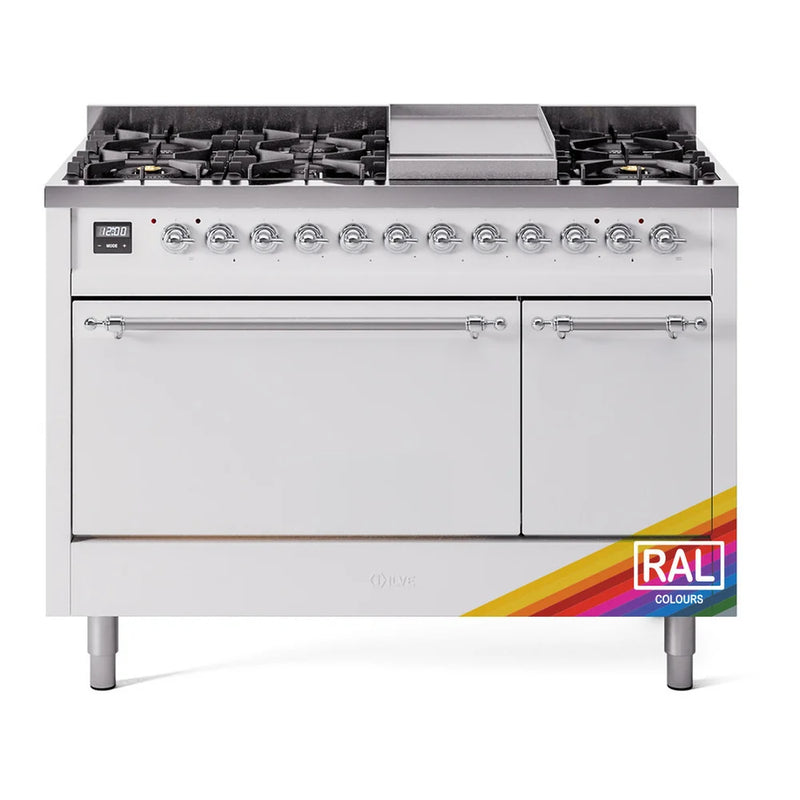 ILVE Nostalgie II 48" Dual Fuel Freestanding Range in RAL Color with Chrome Trim, UP48FQNMPRACLP