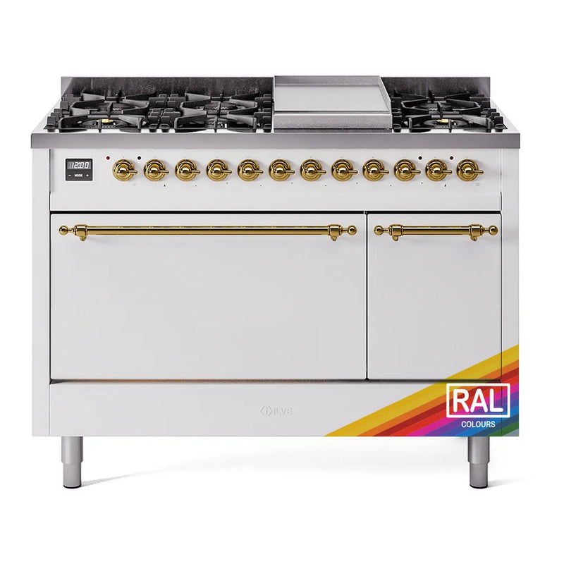 ILVE Nostalgie II 48" Dual Fuel Freestanding Range in RAL Color with Brass Trim, UP48FQNMPRAG