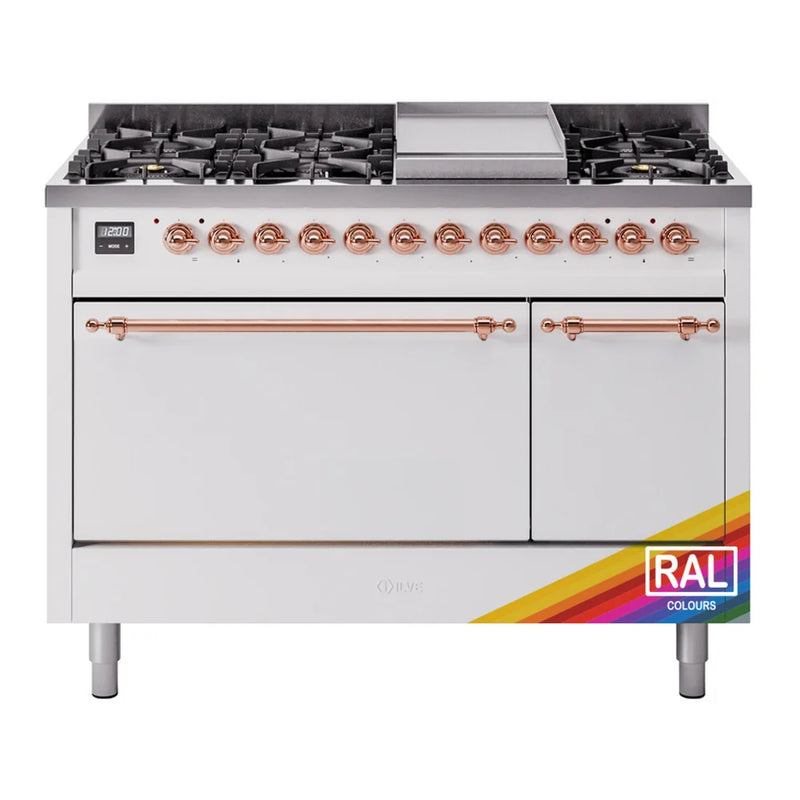 ILVE Nostalgie II 48" Dual Fuel Freestanding Range in RAL Color with Copper Trim, UP48FQNMPRAPLP