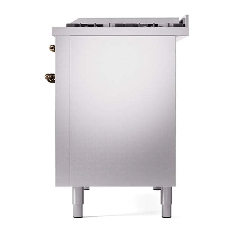 ILVE Nostalgie II 48" Dual Fuel Freestanding Range in Stainless Steel with Burnished Trim, UP48FQNMPSSBLP