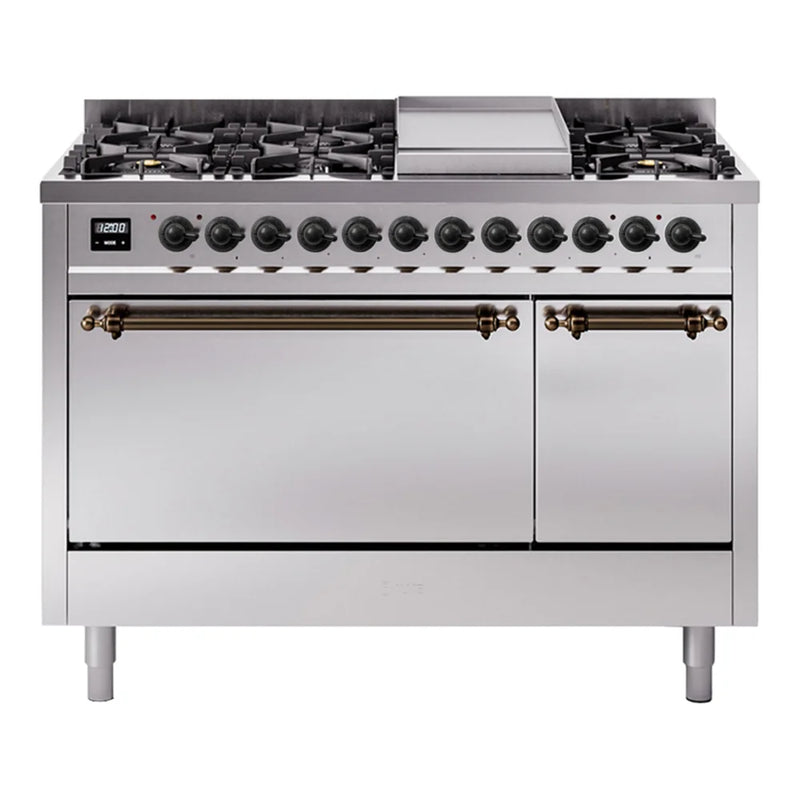ILVE Nostalgie II 48" Dual Fuel Freestanding Range in Stainless Steel with Burnished Trim, UP48FQNMPSSB
