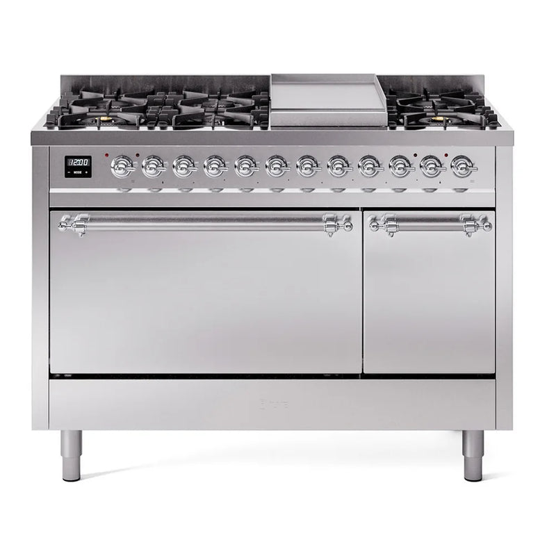 ILVE Nostalgie II 48" Dual Fuel Freestanding Range in Stainless Steel with Chrome Trim, UP48FQNMPSSCLP