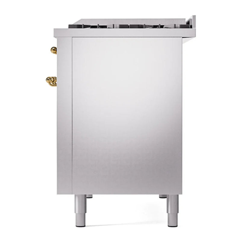 ILVE Nostalgie II 48" Dual Fuel Freestanding Range in Stainless Steel with Brass Trim, UP48FQNMPSSGLP