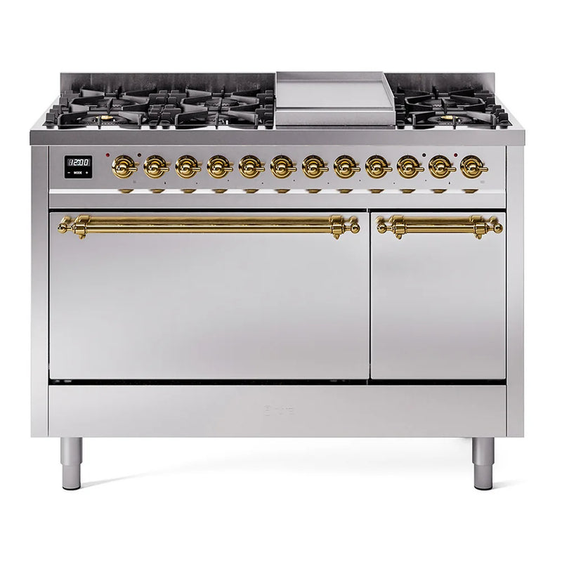 ILVE Nostalgie II 48" Dual Fuel Freestanding Range in Stainless Steel with Brass Trim, UP48FQNMPSSG