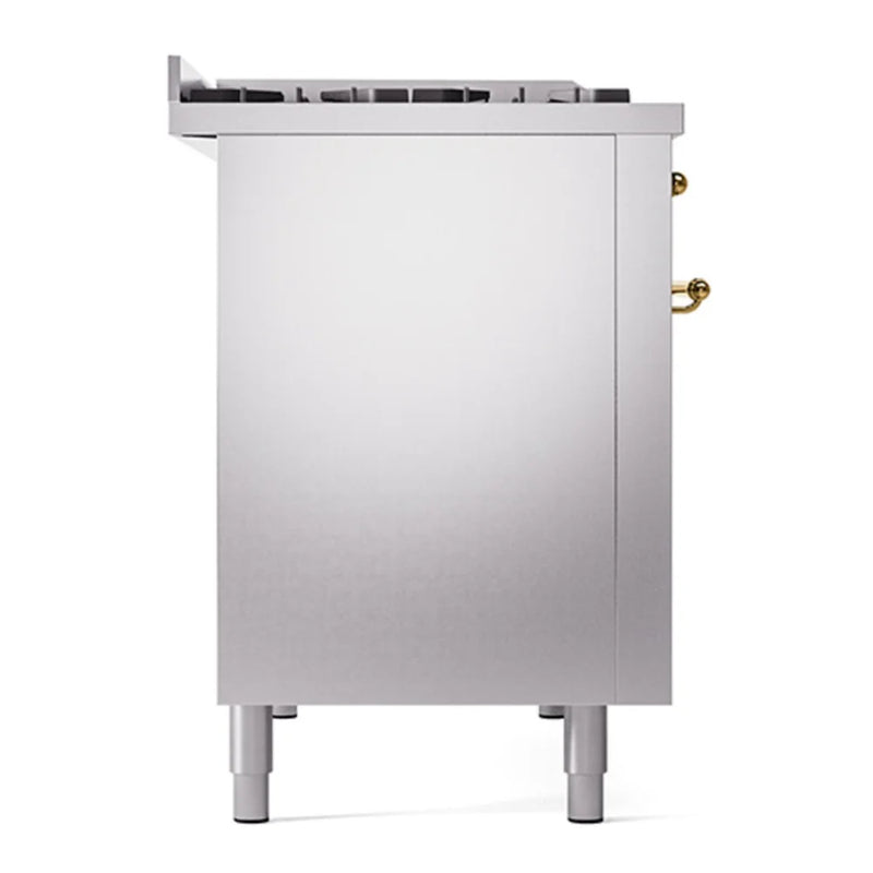 ILVE Nostalgie II 48" Dual Fuel Freestanding Range in Stainless Steel with Brass Trim, UP48FQNMPSSG