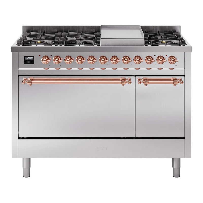 ILVE Nostalgie II 48" Dual Fuel Freestanding Range in Stainless Steel with Copper Trim, UP48FQNMPSSPLP