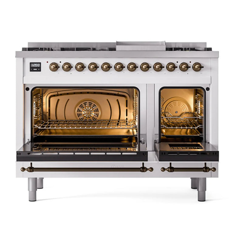 ILVE Nostalgie II 48" Dual Fuel Freestanding Range in White with Burnished Trim, UP48FQNMPWHBLP