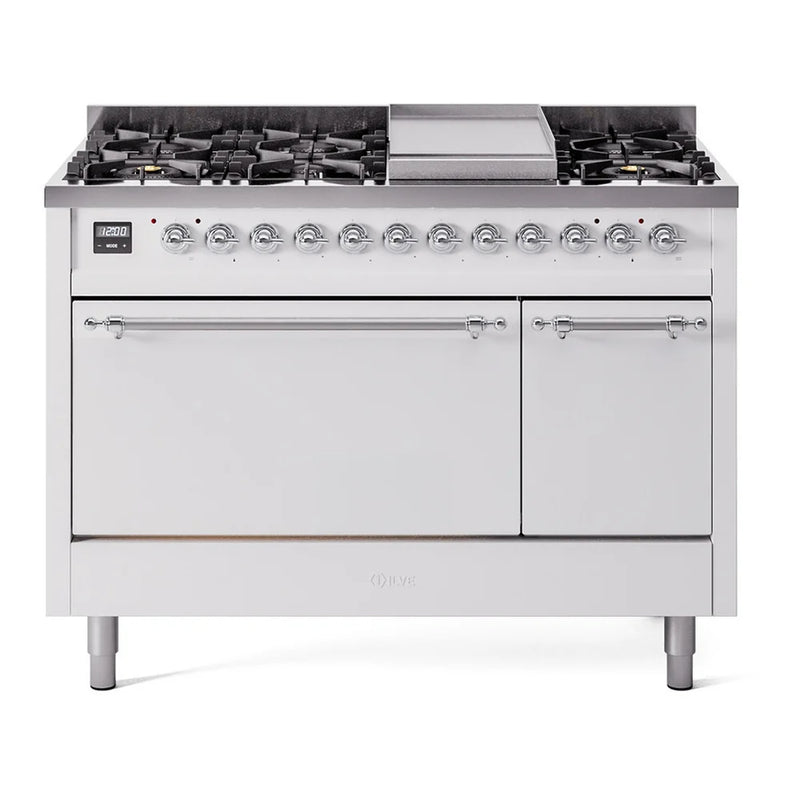 ILVE Nostalgie II 48" Dual Fuel Freestanding Range in White with Chrome Trim, UP48FQNMPWHCLP