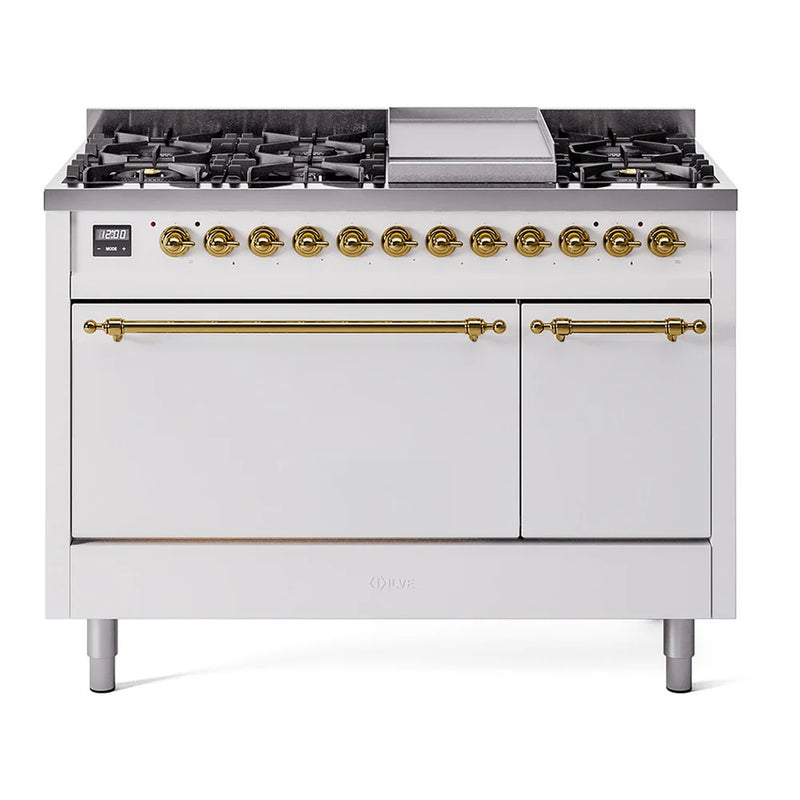 ILVE Nostalgie II 48" Dual Fuel Freestanding Range in White with Brass Trim, UP48FQNMPWHG