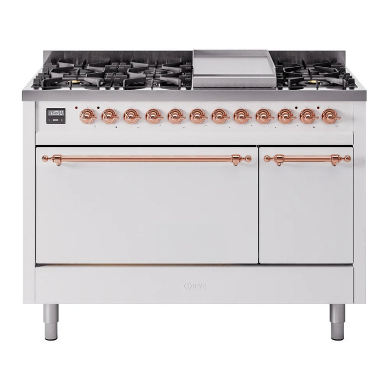 ILVE Nostalgie II 48" Dual Fuel Freestanding Range in White with Copper Trim, UP48FQNMPWHPLP