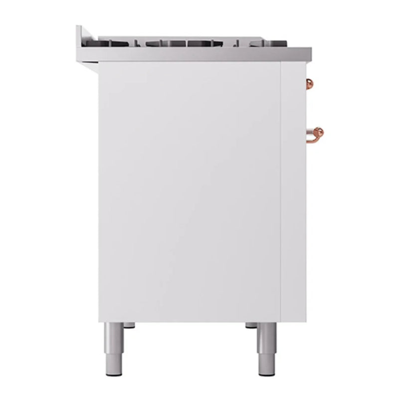 ILVE Nostalgie II 48" Dual Fuel Freestanding Range in White with Copper Trim, UP48FQNMPWHPLP