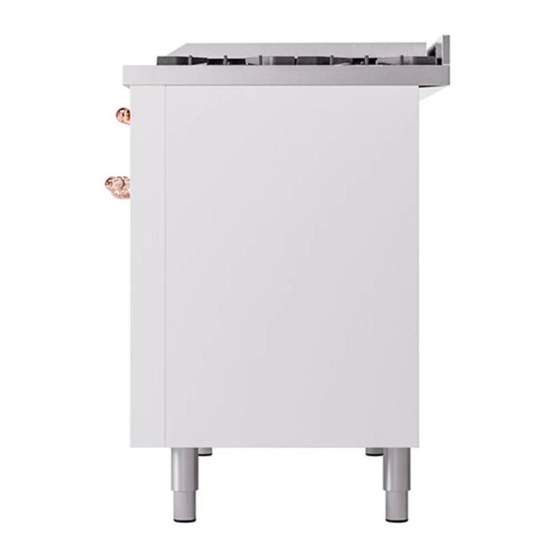 ILVE Nostalgie II 48" Dual Fuel Freestanding Range in White with Copper Trim, UP48FQNMPWHPLP