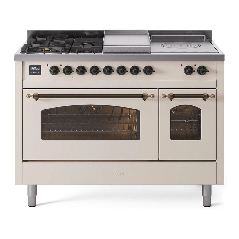 ILVE Nostalgie II 48" Dual Fuel Freestanding Range in Antique White with Burnished Trim, UP48FSNMPAWBLP