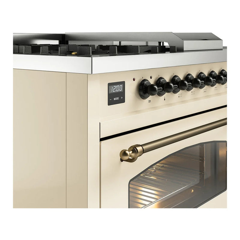 ILVE Nostalgie II 48" Dual Fuel Freestanding Range in Antique White with Burnished Trim, UP48FSNMPAWBLP