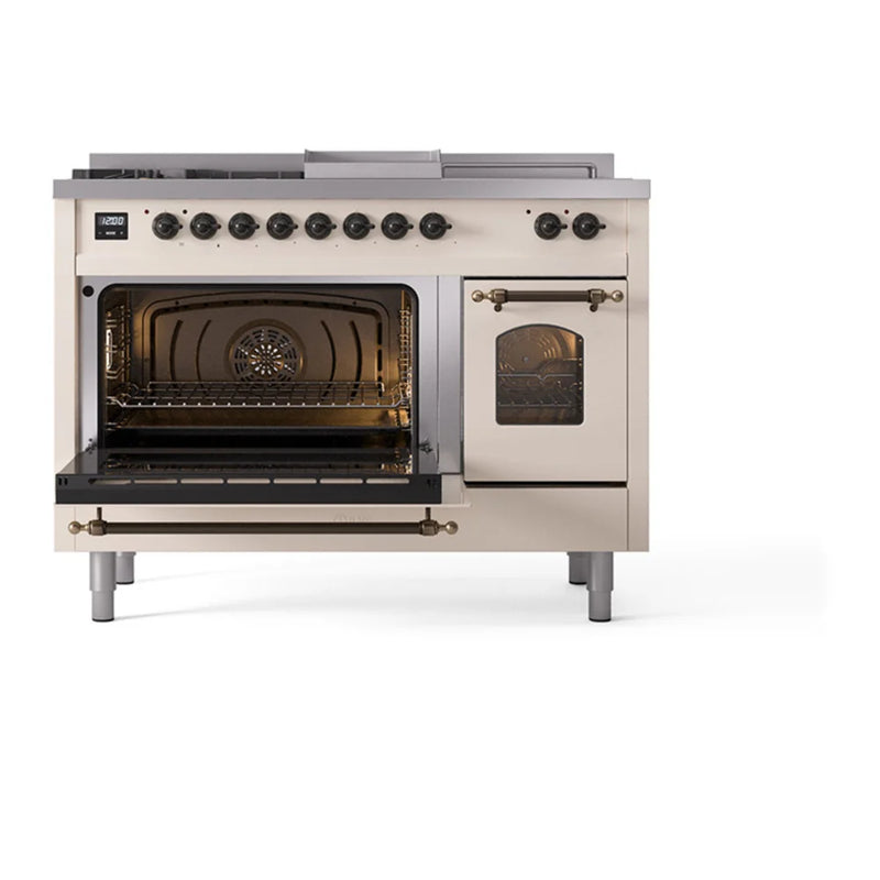 ILVE Nostalgie II 48" Dual Fuel Freestanding Range in Antique White with Burnished Trim, UP48FSNMPAWB