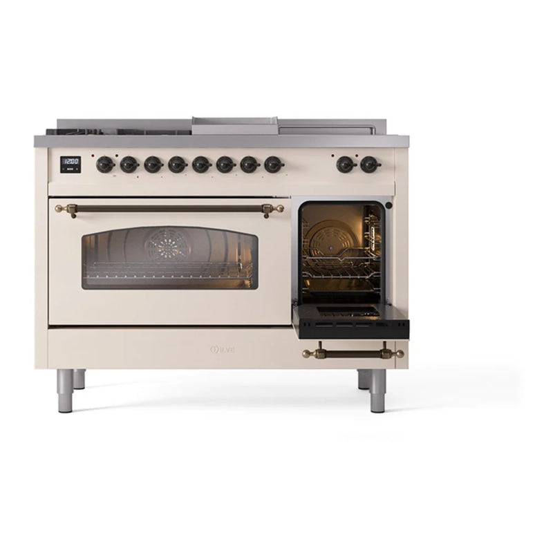 ILVE Nostalgie II 48" Dual Fuel Freestanding Range in Antique White with Burnished Trim, UP48FSNMPAWB