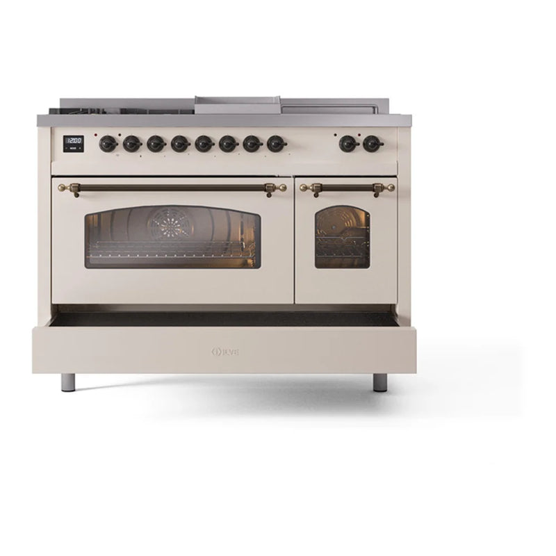 ILVE Nostalgie II 48" Dual Fuel Freestanding Range in Antique White with Burnished Trim, UP48FSNMPAWB