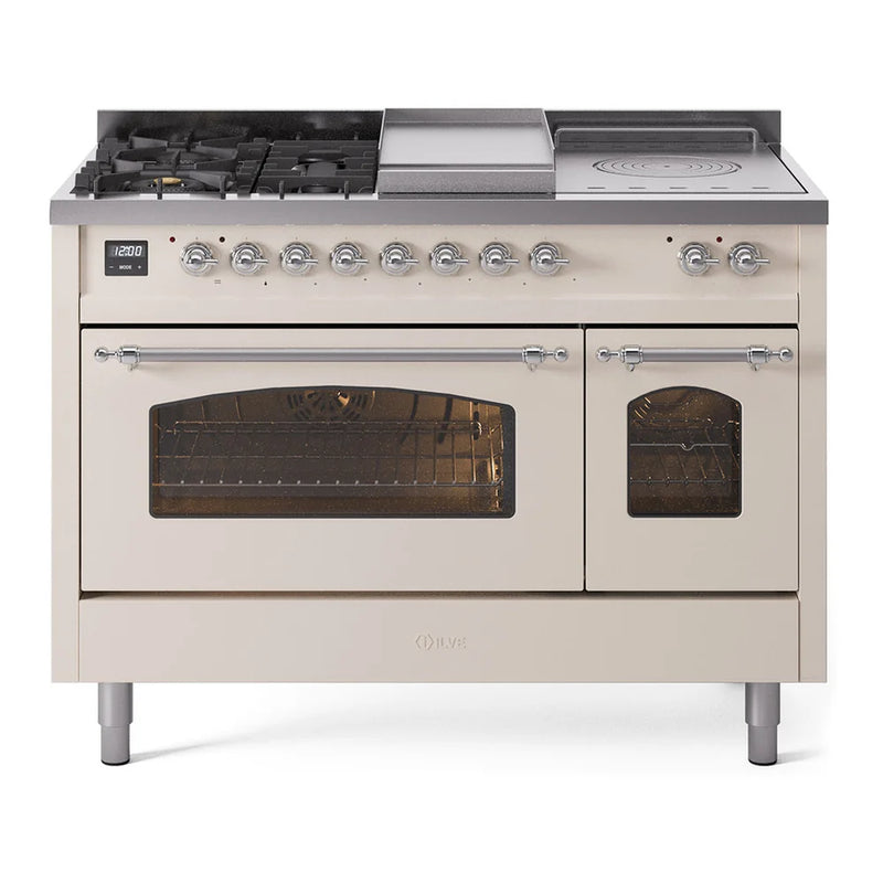ILVE Nostalgie II 48" Dual Fuel Freestanding Range in Antique White with Chrome Trim, UP48FSNMPAWCLP