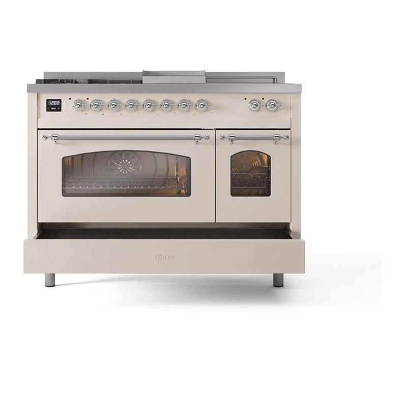ILVE Nostalgie II 48" Dual Fuel Freestanding Range in Antique White with Chrome Trim, UP48FSNMPAWCLP