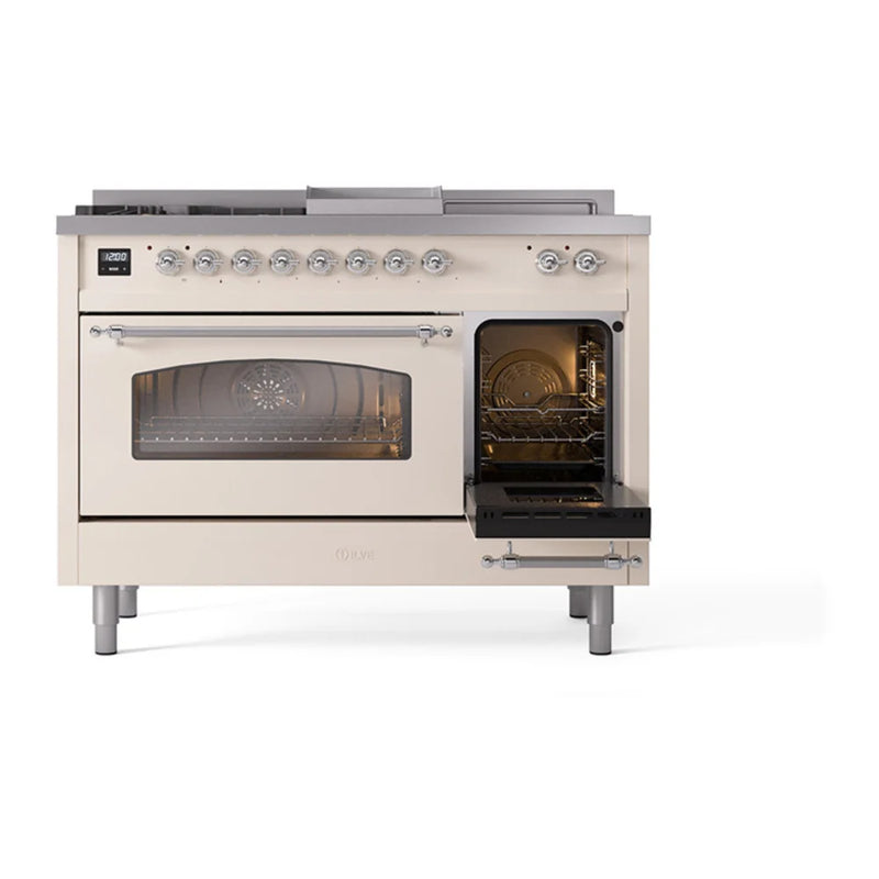 ILVE Nostalgie II 48" Dual Fuel Freestanding Range in Antique White with Chrome Trim, UP48FSNMPAWC