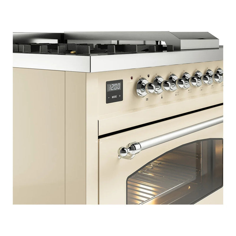 ILVE Nostalgie II 48" Dual Fuel Freestanding Range in Antique White with Chrome Trim, UP48FSNMPAWC